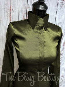 Fitted Taffeta Zip Up Shirt - Dark Olive