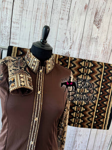 Chocolate Brown & Tan Day Shirt Set With Sheer Sleeves (2XL)