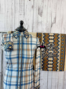 Slate Blue, Buckskin & Cream Plaid Day Shirt Set (Sizes Small-3XL)