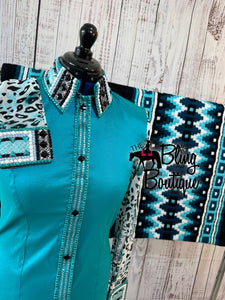 Teal & Turquoise Day Shirt Set With Sheer Sleeves (L)