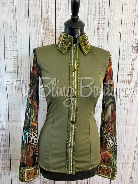 Olive Green, Rust & Tan Day Shirt Set With Sheer Sleeves (XS)