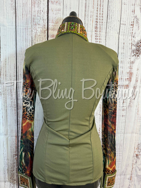 Olive Green, Rust & Tan Day Shirt Set With Sheer Sleeves (XS)