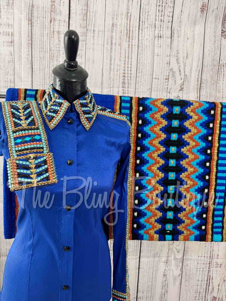 Royal Blue, Turquoise, Gold & Copper Day Shirt Set (S)