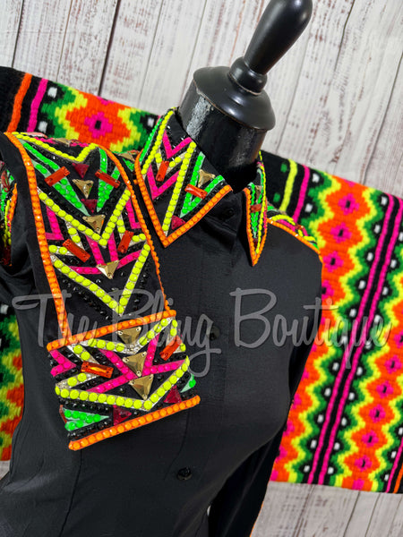 Black, Neon Pink, Green, Orange & Yellow Day Shirt Set (S)