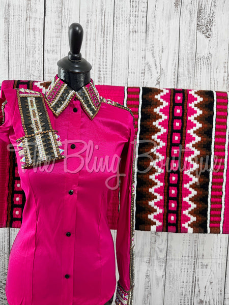 Hot Pink, Black & Bronze Day Shirt Set (S)