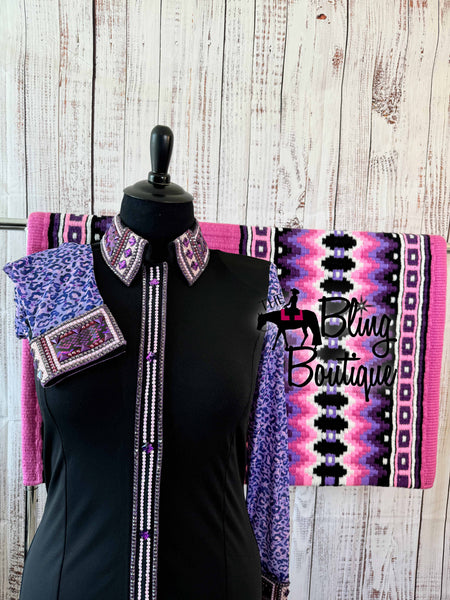 Black, Pink & Purple Day Shirt Set With Leopard Sheer Sleeves (XL)