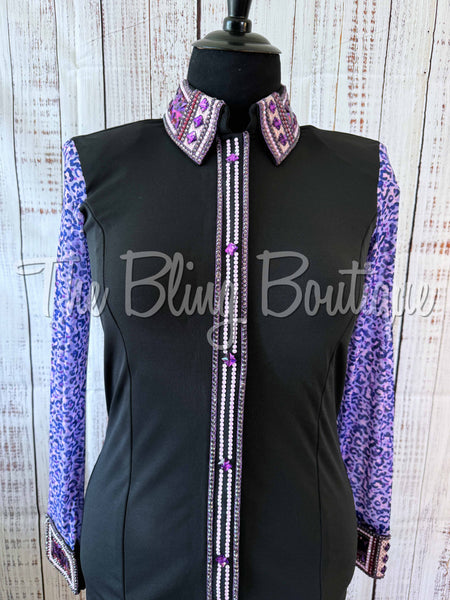 Black, Pink & Purple Day Shirt Set With Leopard Sheer Sleeves (XL)