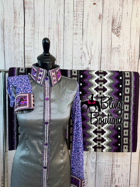 Grey & Purple Day Shirt With Leopard Sheer Sleeves Set (M)