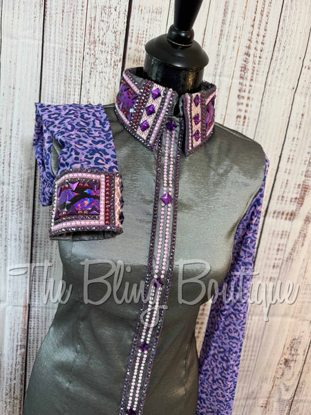 Grey & Purple Day Shirt With Leopard Sheer Sleeves Set (M)