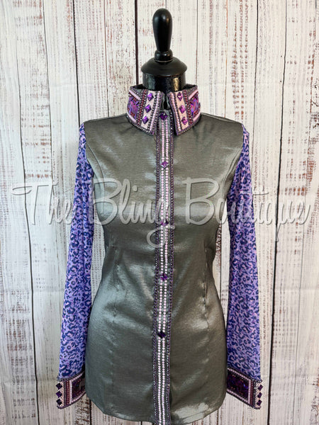 Grey & Purple Day Shirt With Leopard Sheer Sleeves Set (M)