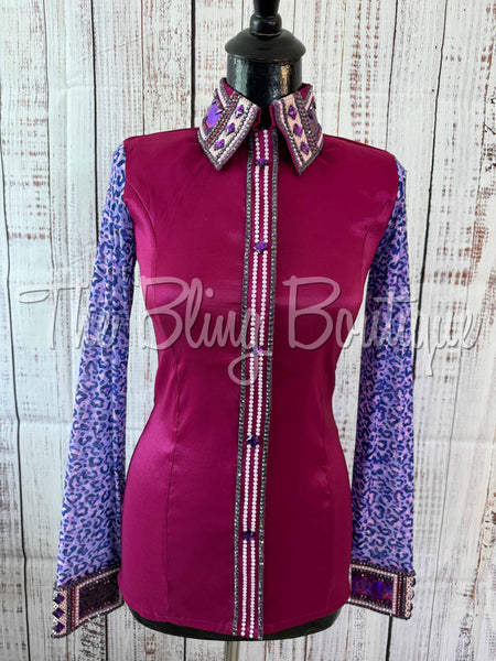 Fuchsia & Purple Day Shirt Set With Sheer Leopard Sleeves (S)