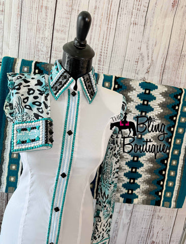 White & Teal Day Shirt With Leopard Sheer Sleeves Set (S)