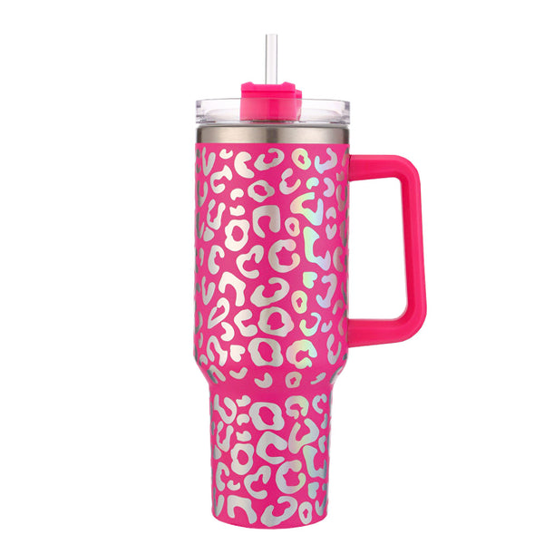 Hot Pink Leopard 40oz Stainless Steel Tumbler With Handle