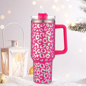 Hot Pink Leopard 40oz Stainless Steel Tumbler With Handle