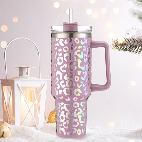 Lavender Leopard 40oz Stainless Steel Tumbler With Handle