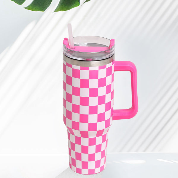 Hot Pink Checkered 40oz Stainless Steel Tumbler With Handle