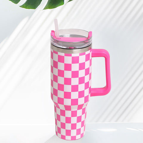 Hot Pink Checkered 40oz Stainless Steel Tumbler With Handle