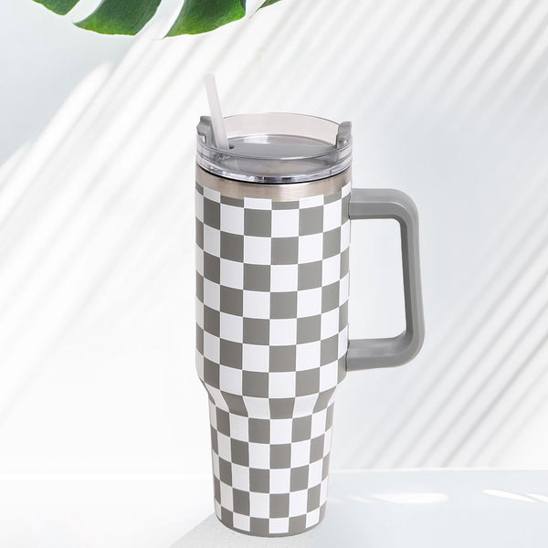 Grey Checkered 40oz Stainless Steel Tumbler With Handle