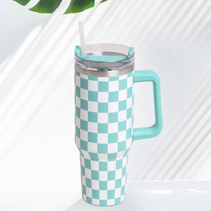 Turquoise Checkered 40oz Stainless Steel Tumbler With Handle