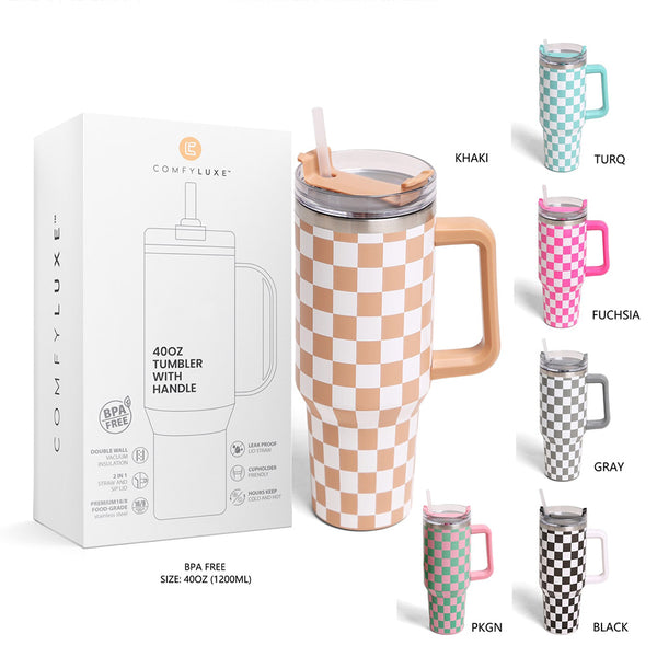 Grey Checkered 40oz Stainless Steel Tumbler With Handle