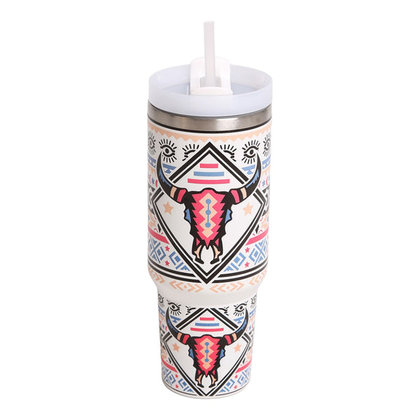 Boho Steer Skull 40oz Stainless Steel Tumbler With Handle