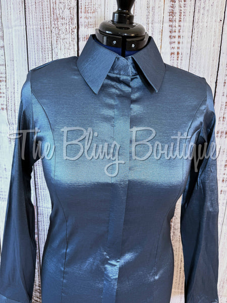 Fitted Taffeta Zip Up Shirt - Smokey Slate Blue