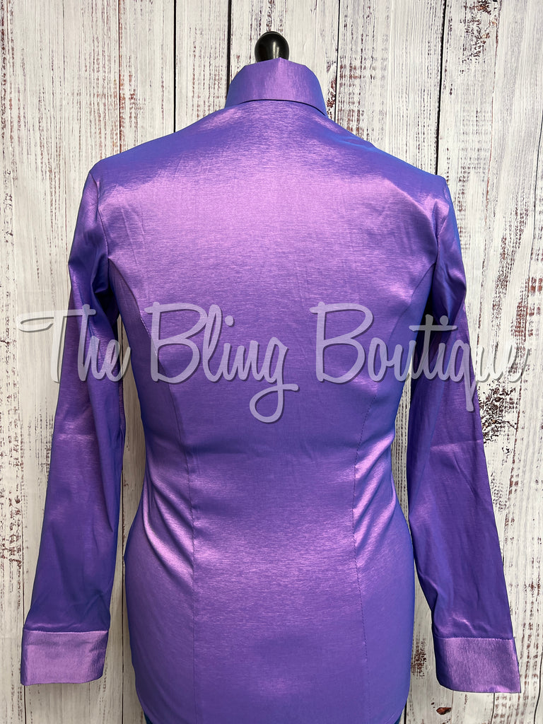 Dark Purple Satin Taffetta Hidden Zip Front Shirt with LV Accents