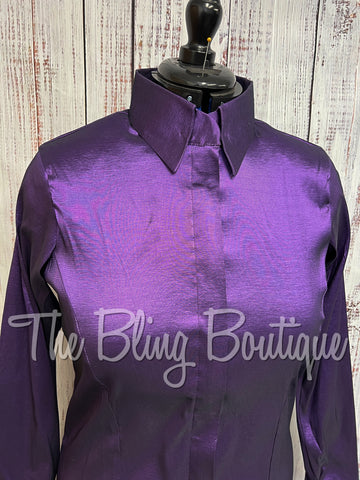 Dark Purple Satin Taffetta Hidden Zip Front Shirt with LV Accents